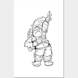 Dope one eye monster character holding an icecream ink-pencil black-and-white illustration Posters and Art